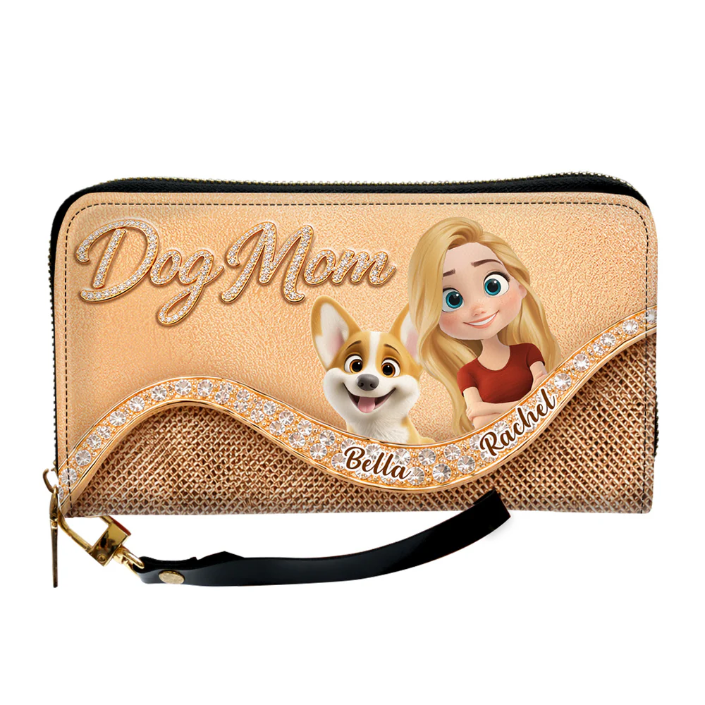 Gold Chibi Dog Mom - Personalized Custom Leather Wallet