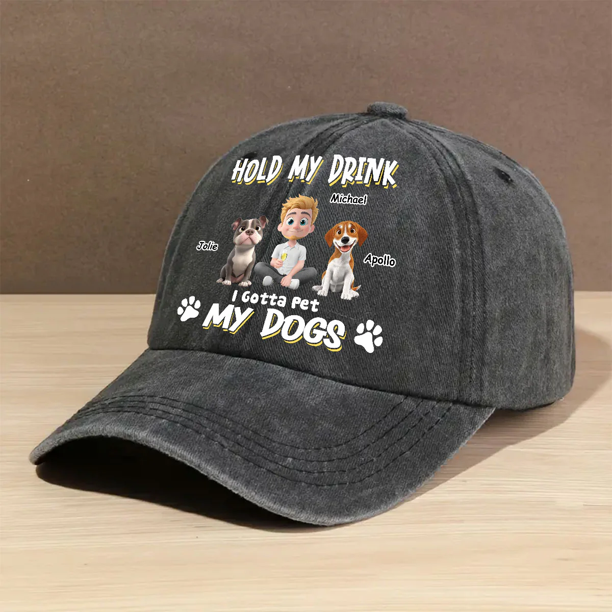 Hold My Drink I Pet Dogs - Personalized Custom Vintage Washed Denim Cap - Image 2