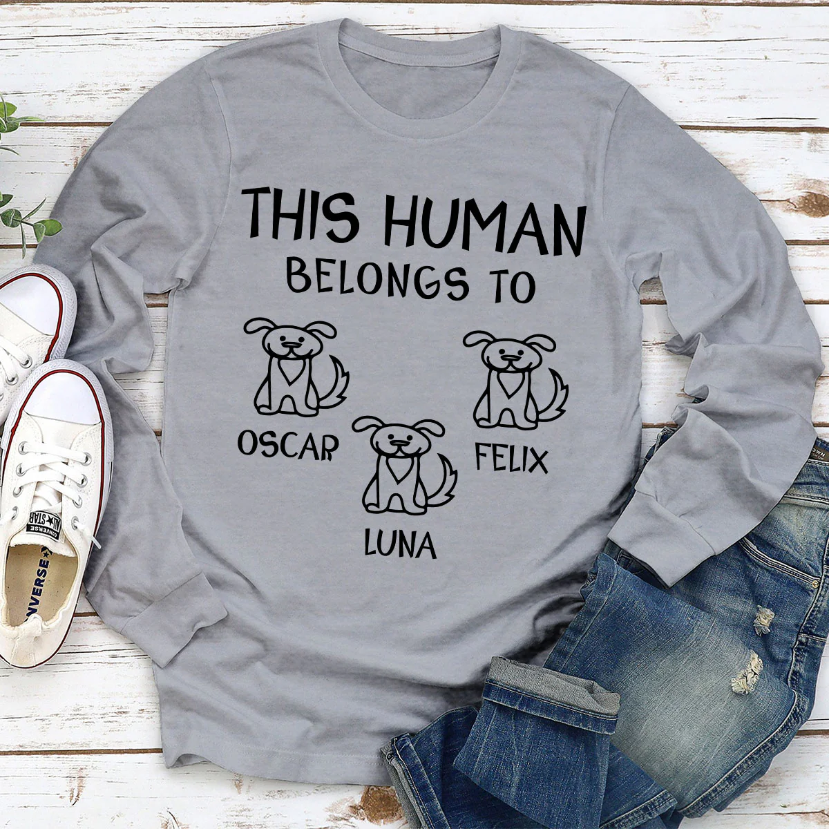 Human And Dog Line Cartoon - Personalized Custom Long Sleeve T-Shirt - Image 3