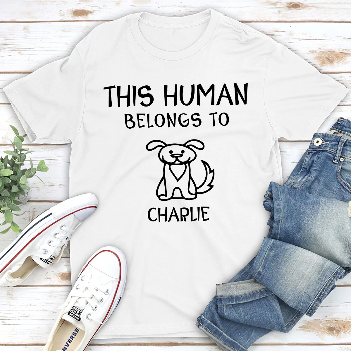Human And Dog Line Cartoon - Personalized Custom Unisex T-Shirt - Image 2