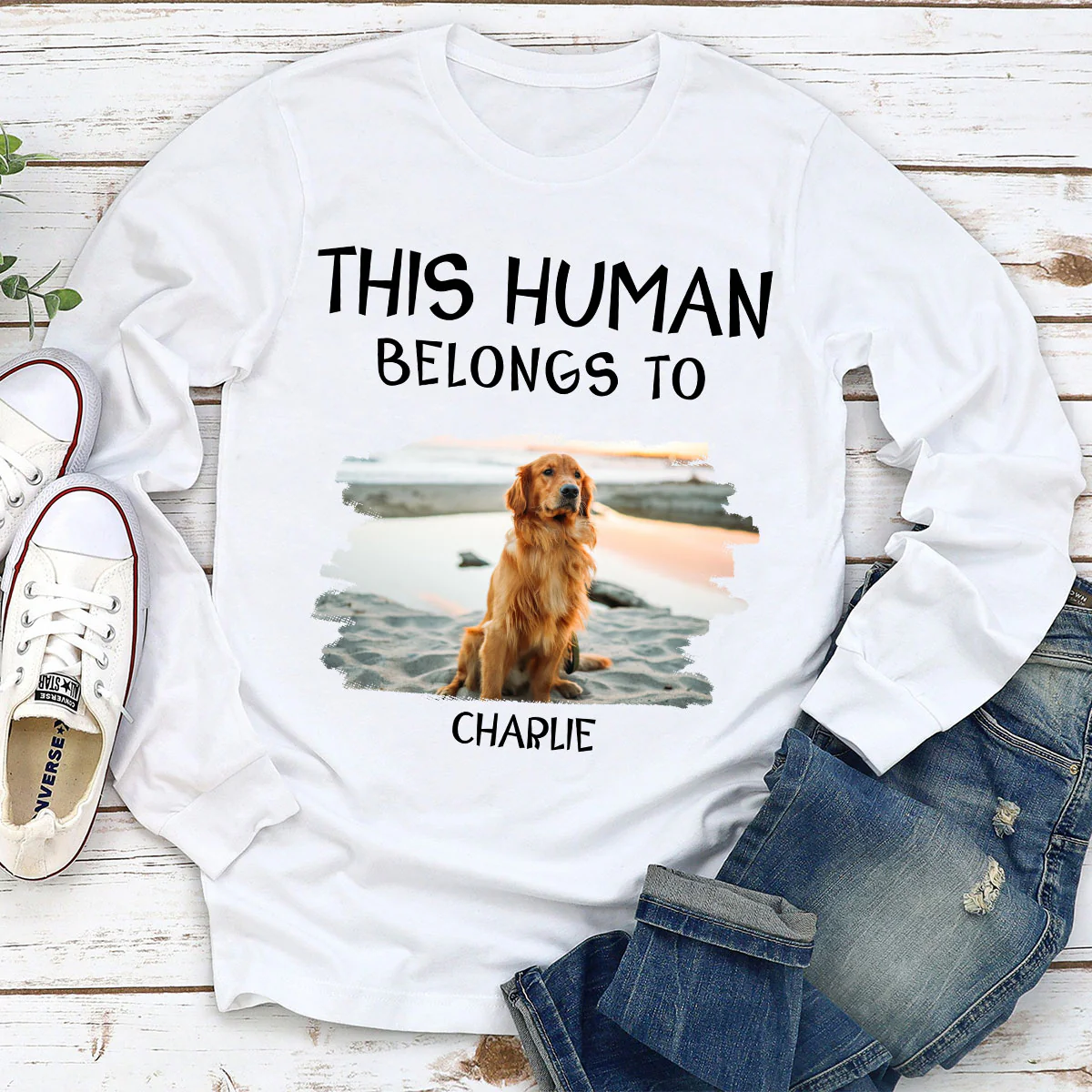 Human And Dog Line Cartoon Photo - Personalized Custom Long Sleeve T-Shirt - Image 2