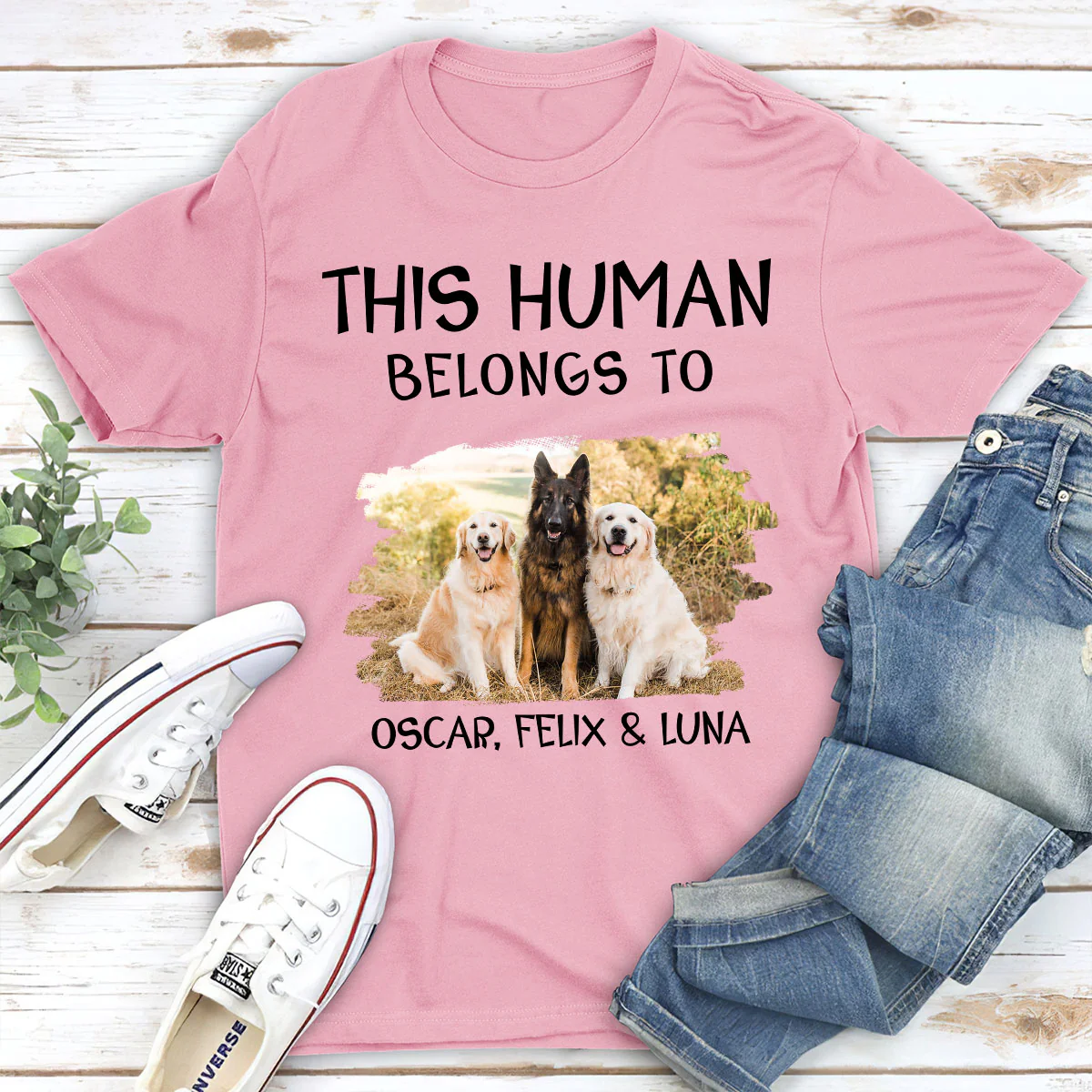 Human And Dog Line Cartoon Photo - Personalized Custom Unisex T-Shirt - Image 5