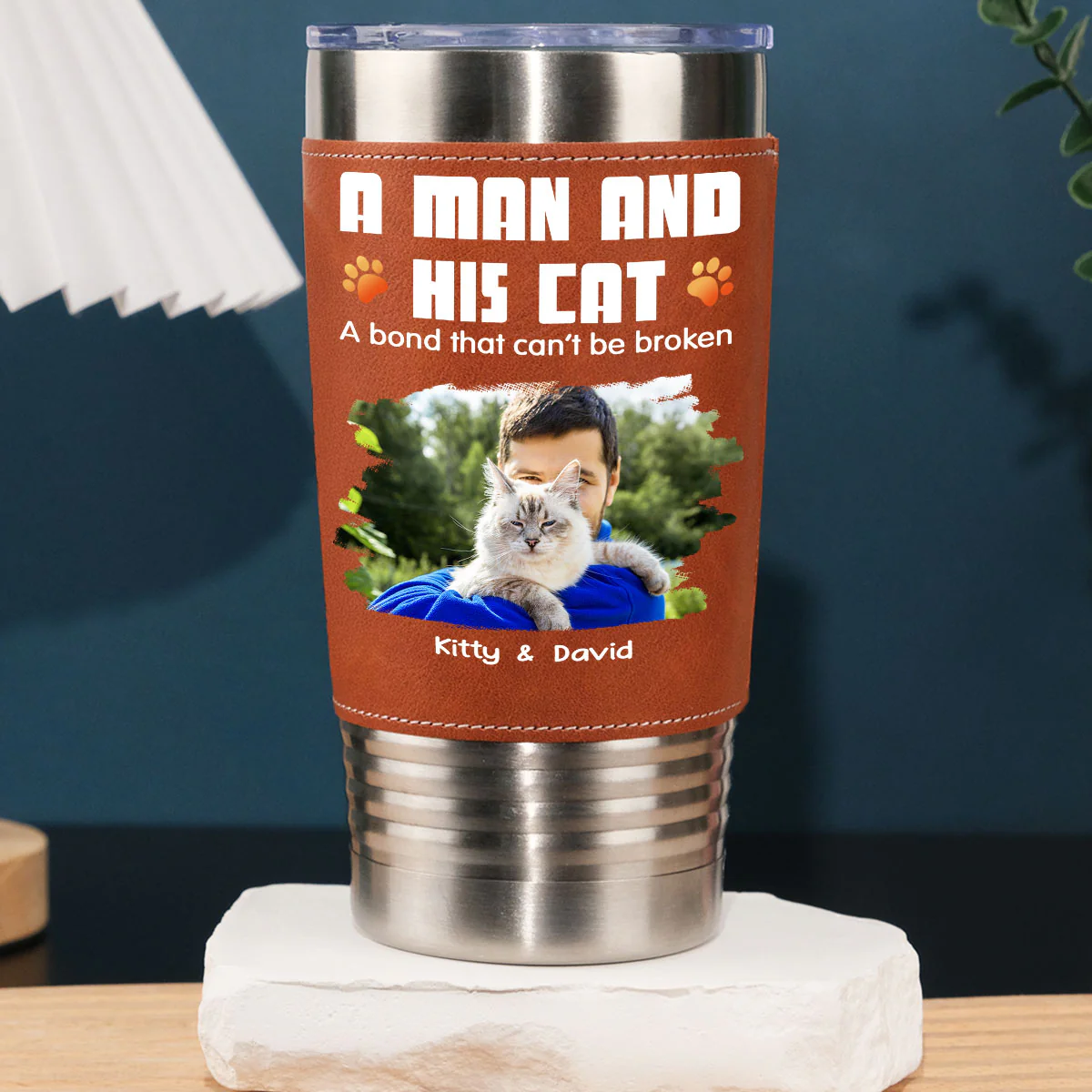 Human And Their Cat Cartoon Christmas Photo - Personalized Custom Leather Tumbler - Image 3