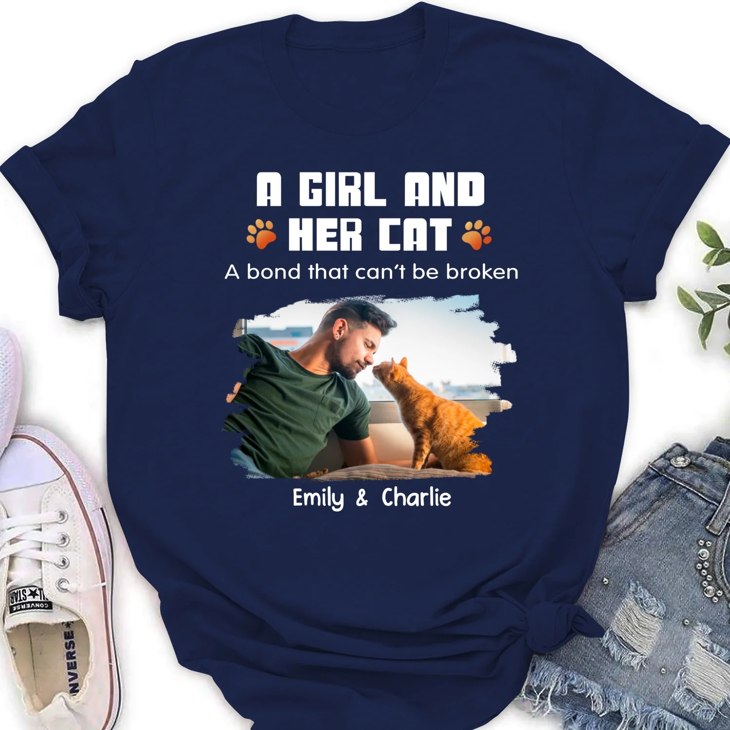 Human And Their Cat Cartoon Christmas Photo - Personalized Custom Women's T-shirt - Image 2