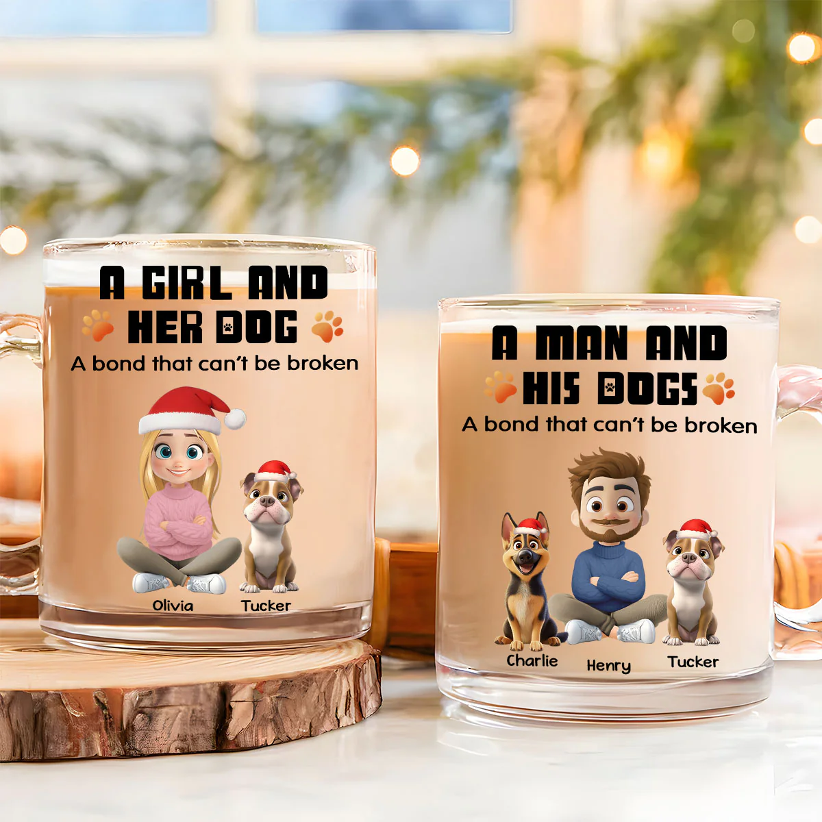 Human And Their Dog Cartoon Christmas - Personalized Custom Glass Mug - Image 2