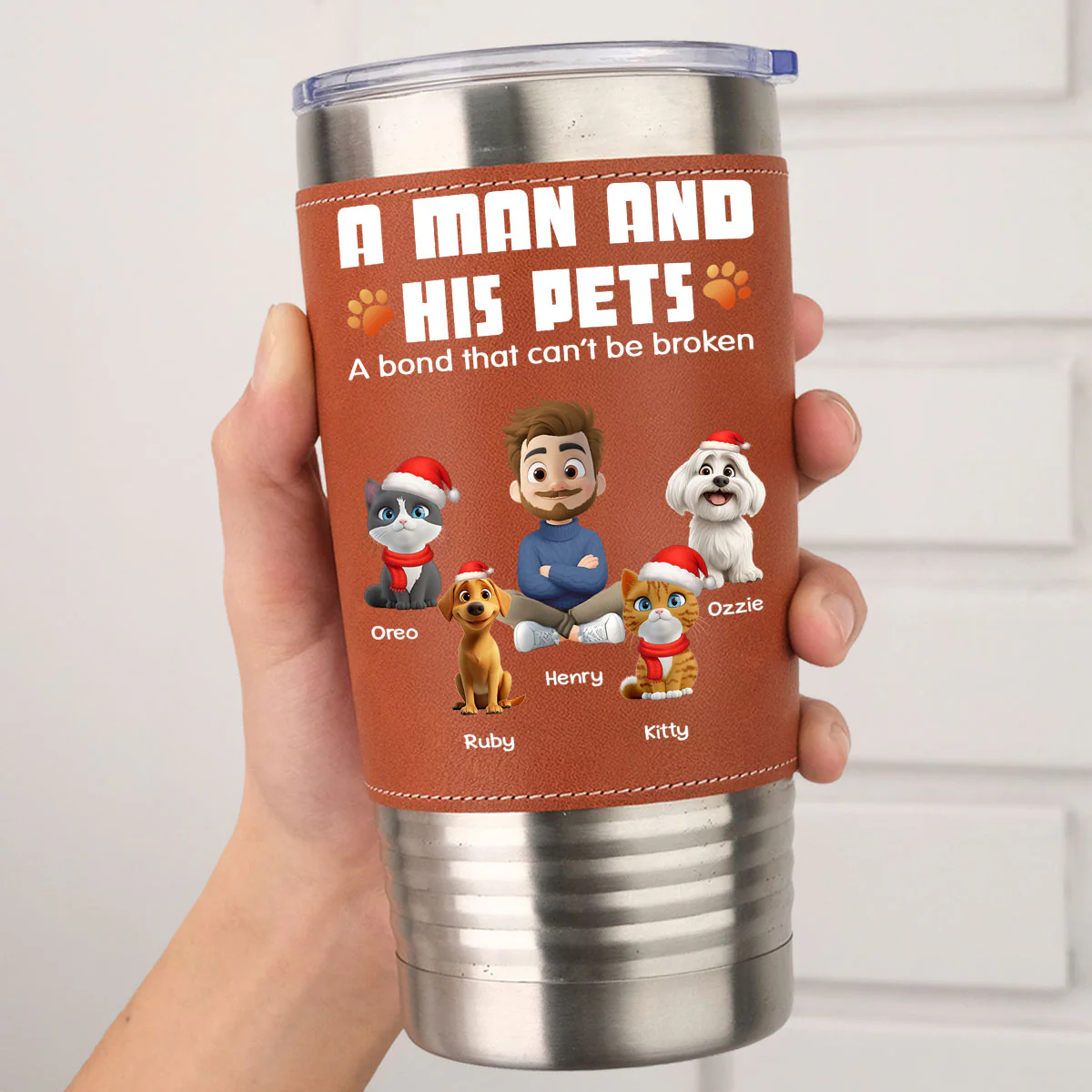 Human And Their Pet Cartoon Christmas - Personalized Custom Leather Tumbler - Image 4