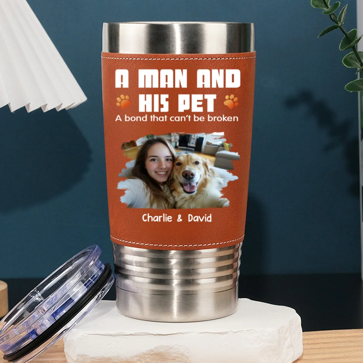 Human And Their Pet Cartoon Christmas Photo - Personalized Custom Leather Tumbler - Image 3