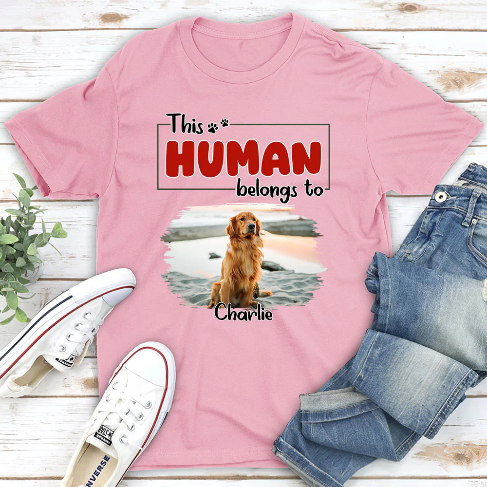 Human Belongs To Dog Christmas Photo - Personalized Custom Unisex T-Shirt - Image 2