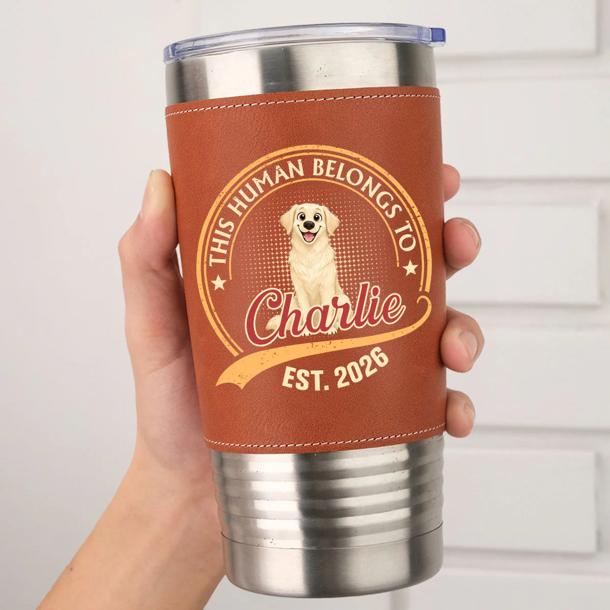 Human Belongs To Storybook Dog - Personalized Custom Leather Tumbler - Image 2