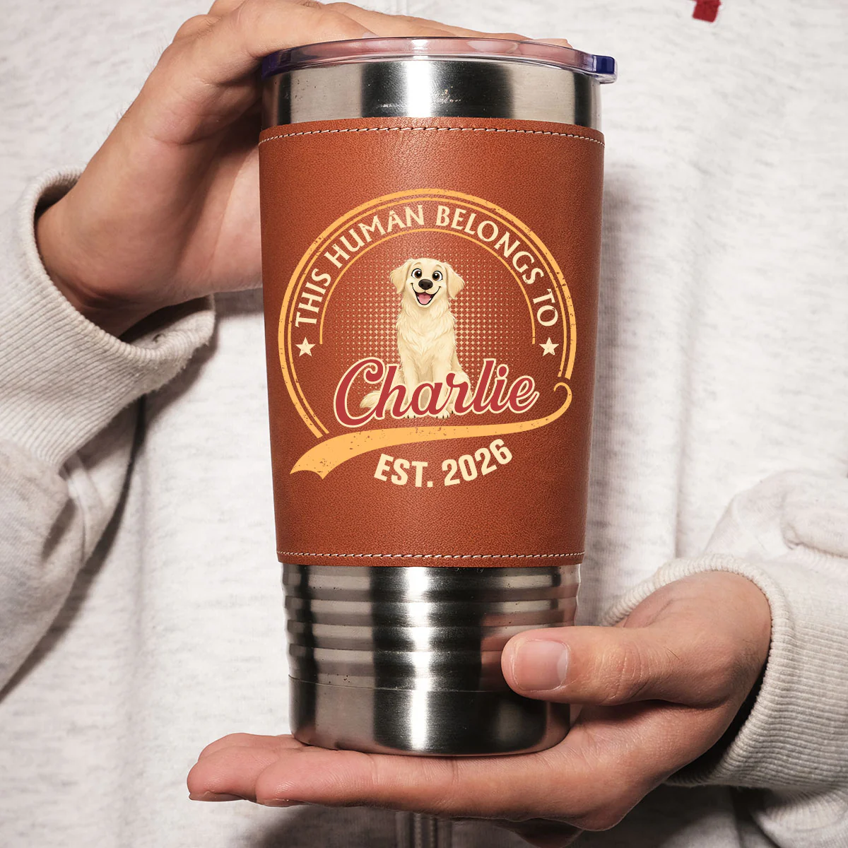 Human Belongs To Storybook Dog - Personalized Custom Leather Tumbler - Image 3