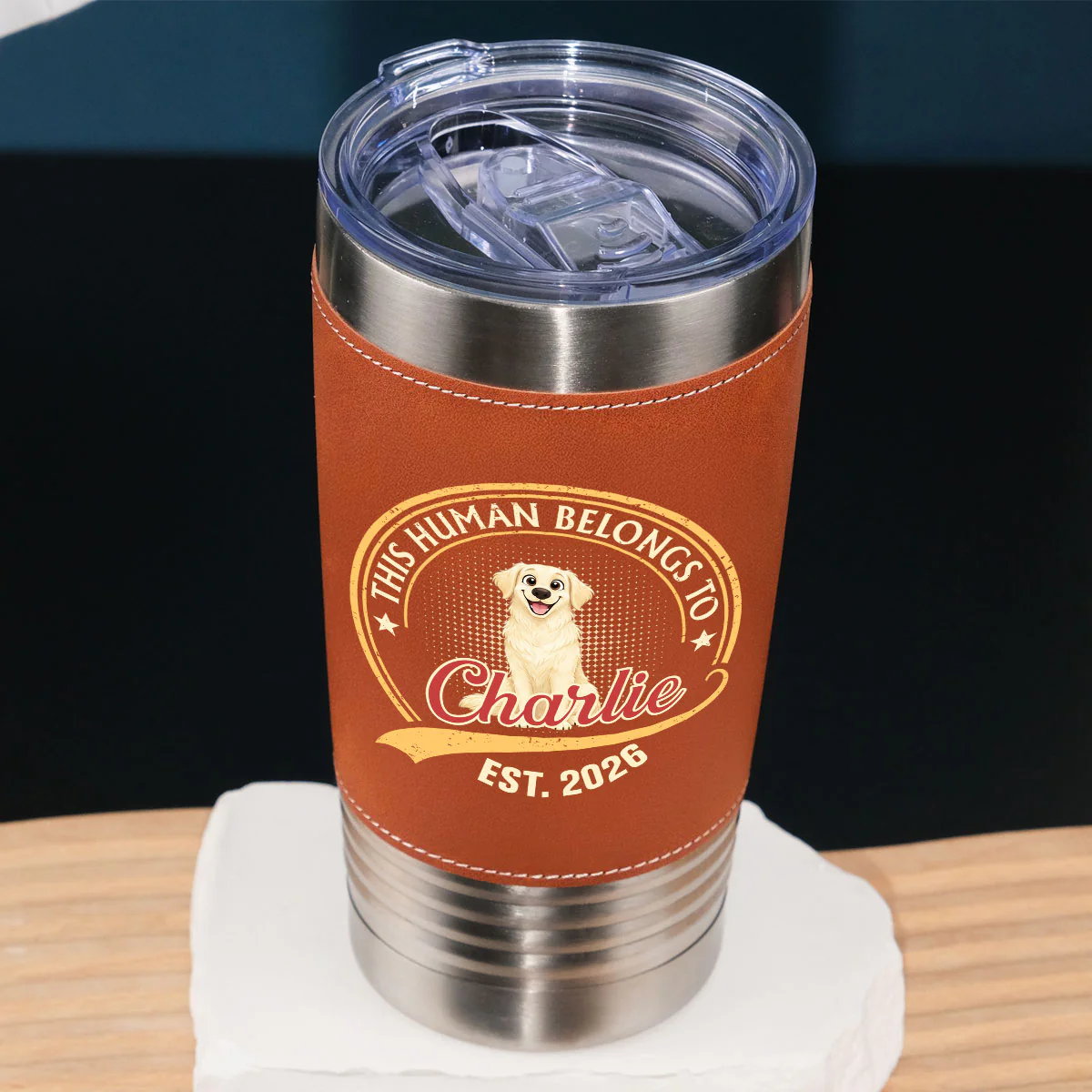 Human Belongs To Storybook Dog - Personalized Custom Leather Tumbler - Image 5
