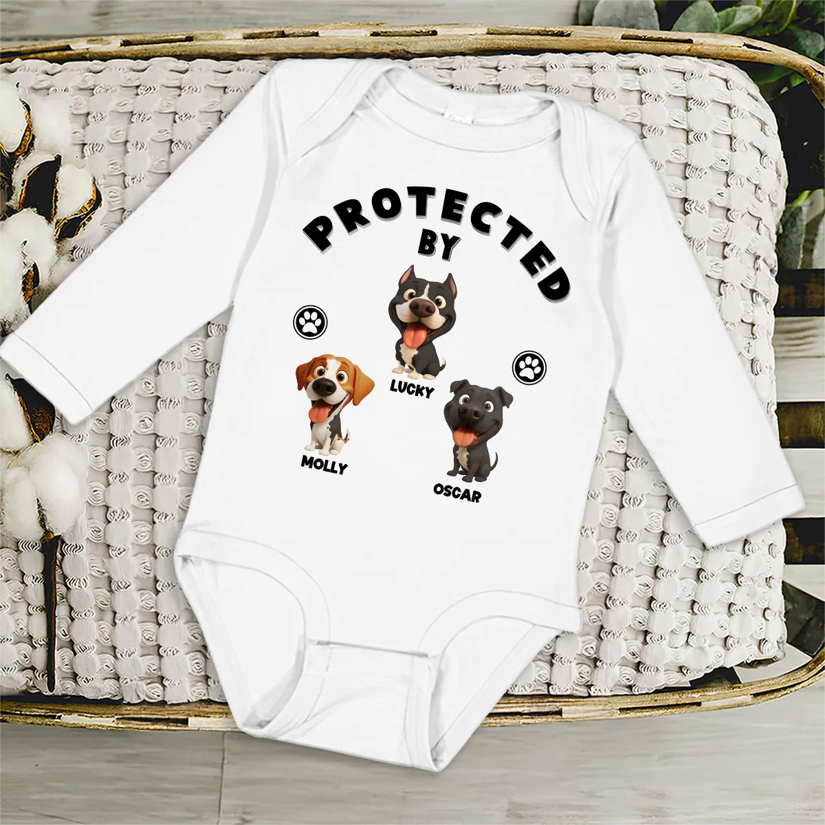 Human Protected By Caricature Dogs - Personalized Custom Long Sleeve Baby Onesie - Image 3