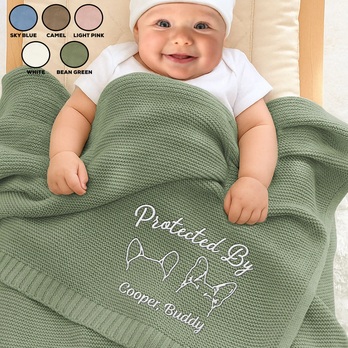 Human Protected By Dog - Personalized Custom Embroidered Knitted Baby Blanket