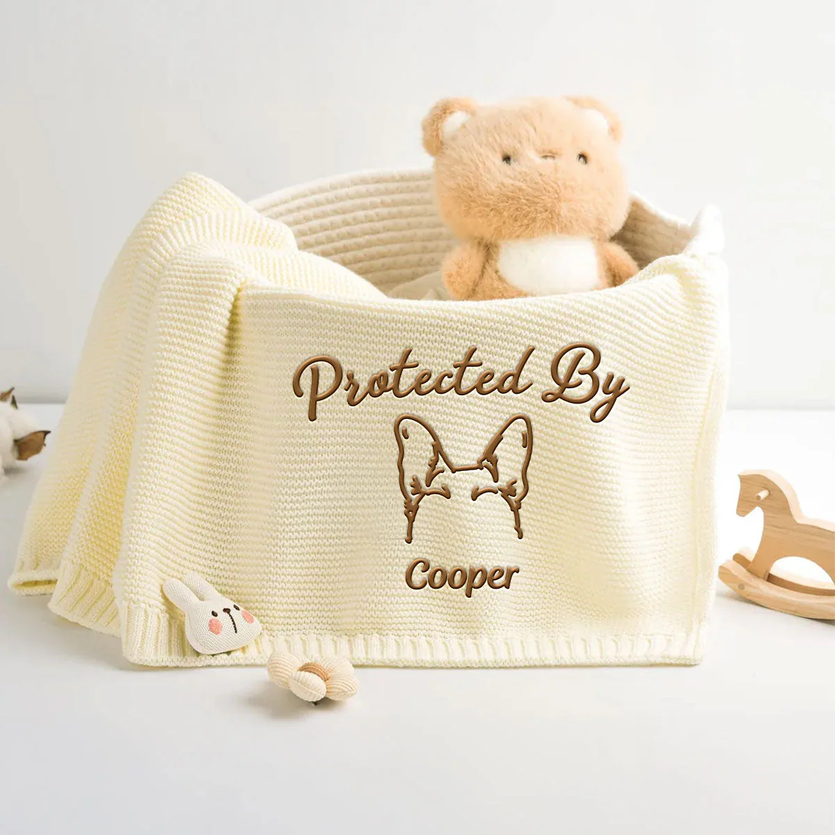 Human Protected By Dog - Personalized Custom Embroidered Knitted Baby Blanket - Image 2