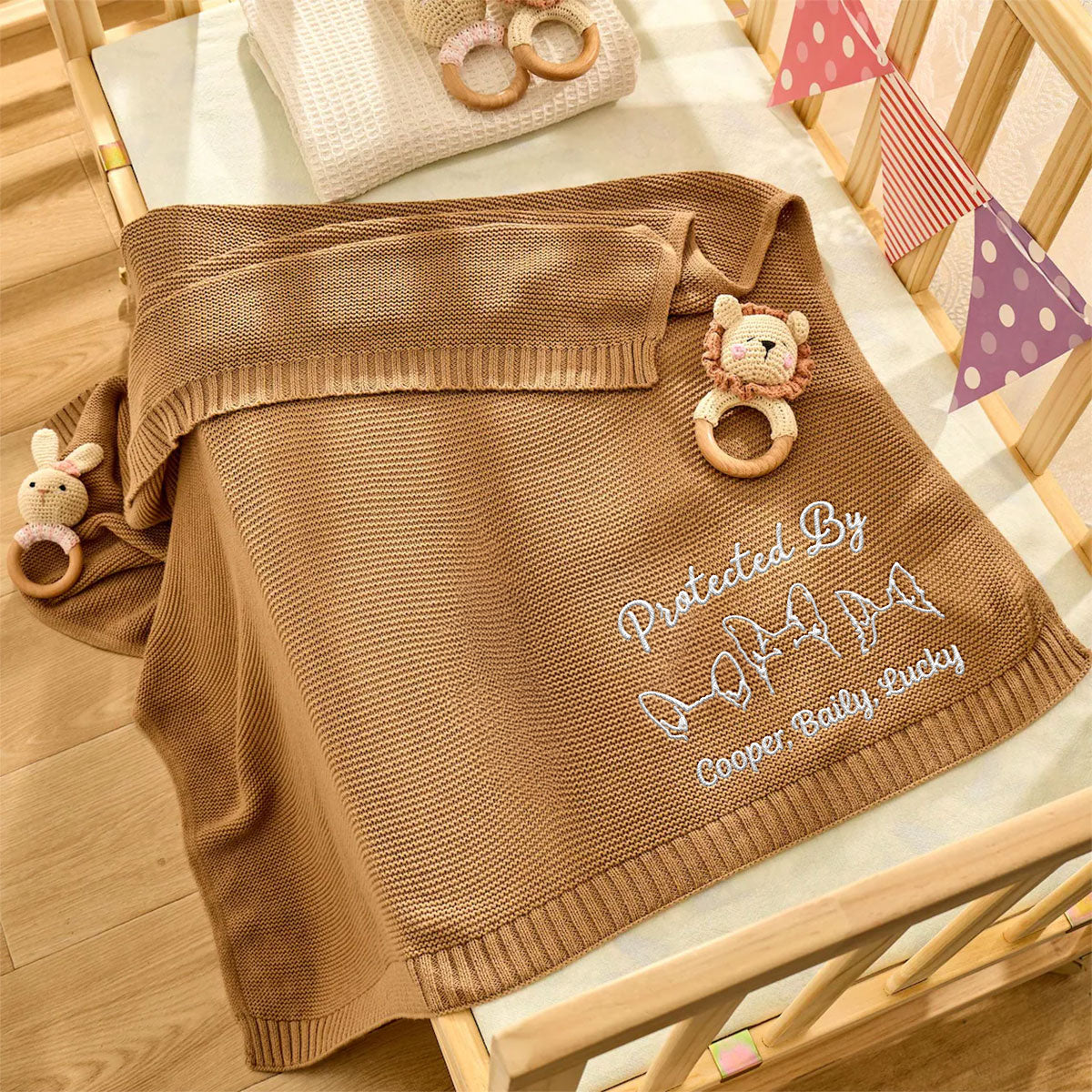 Human Protected By Dog - Personalized Custom Embroidered Knitted Baby Blanket - Image 3