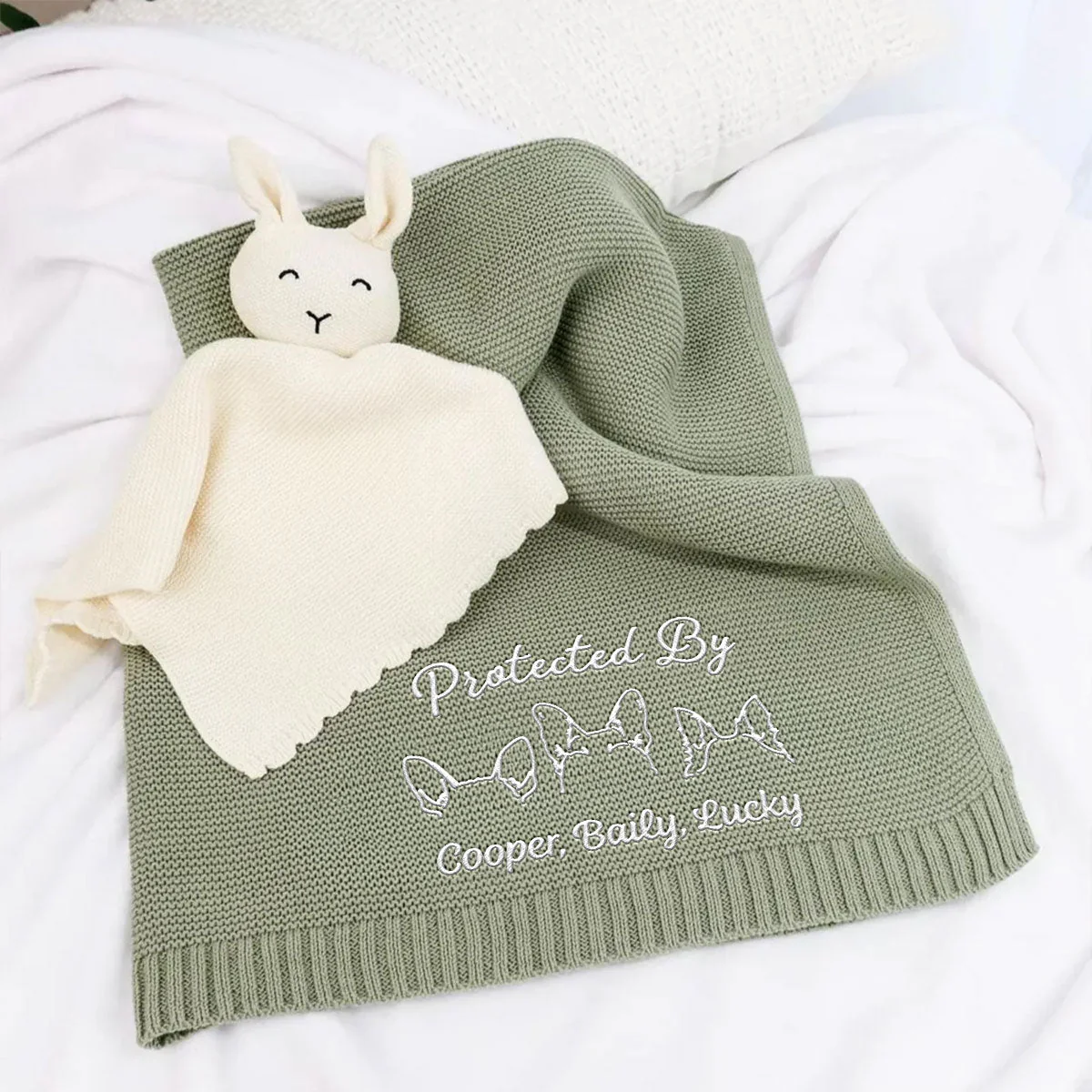 Human Protected By Dog - Personalized Custom Embroidered Knitted Baby Blanket - Image 4