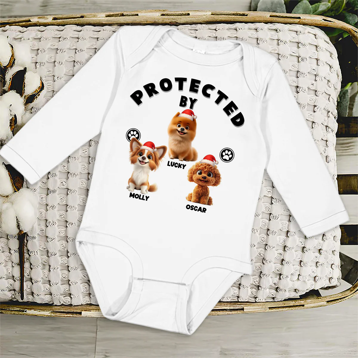 Human Protected By Dogs Ver Christmas - Personalized Custom Long Sleeve Baby Onesie - Image 3