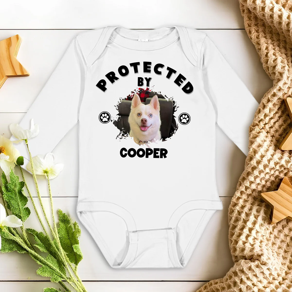 Human Protected By Dogs Ver Christmas Photo - Personalized Custom Long Sleeve Baby Onesie - Image 2