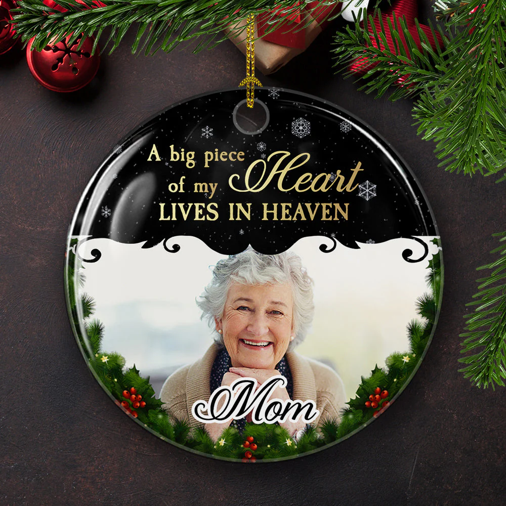 In Heaven, In Memory - Personalized Custom Photo Circle Ceramic Ornament - Image 2