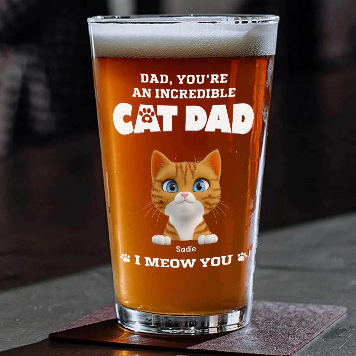 Incredible Cat Dad - Personalized Custom Beer Glass - Image 2