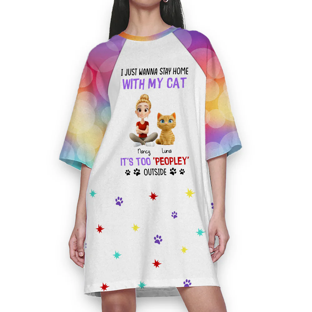 It Is Too Peopley Outside Cartoon Version Cat - Personalized 3/4 Sleeve Dress