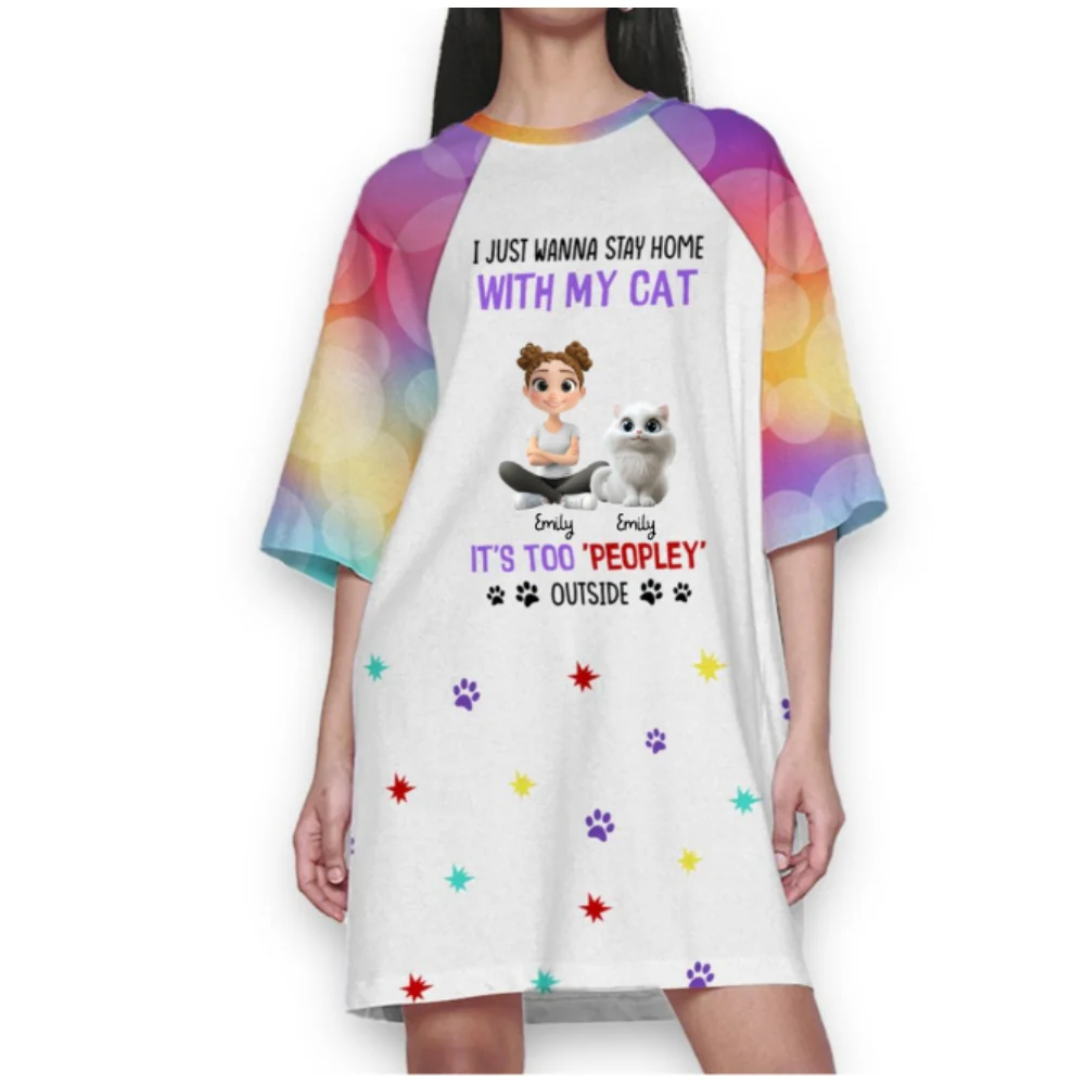 It Is Too Peopley Outside Cartoon Version Cat - Personalized 3/4 Sleeve Dress - Image 6