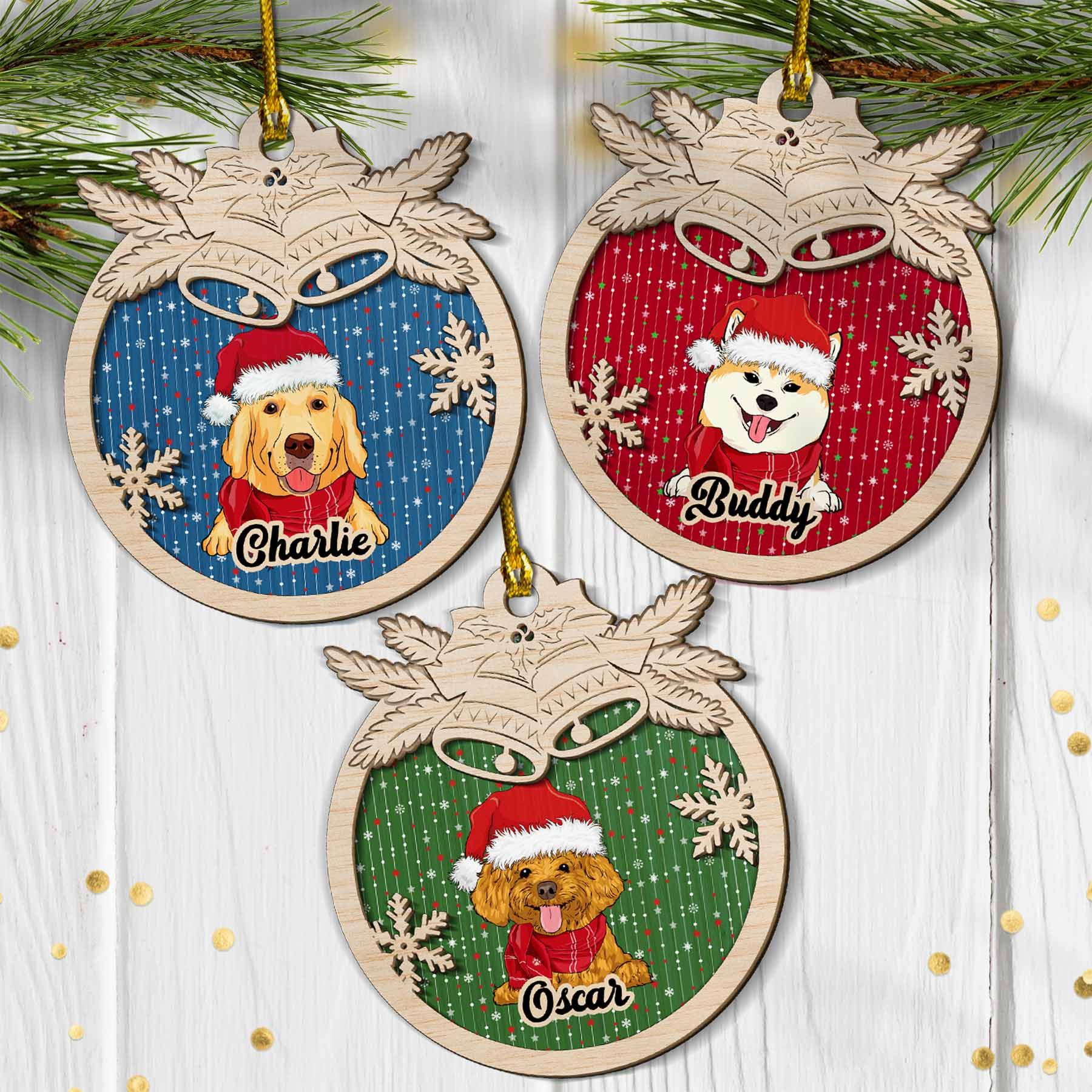 Jingle Bells Dog - Personalized Custom 2-layered Wood Ornament - Image 2