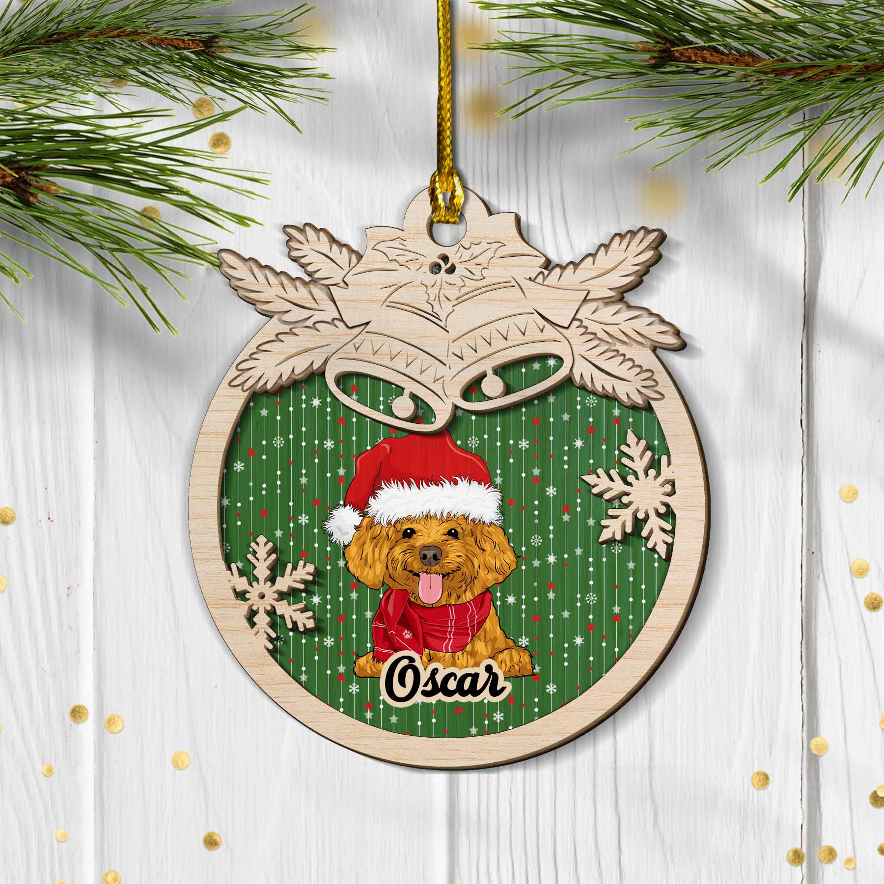 Jingle Bells Dog - Personalized Custom 2-layered Wood Ornament - Image 3