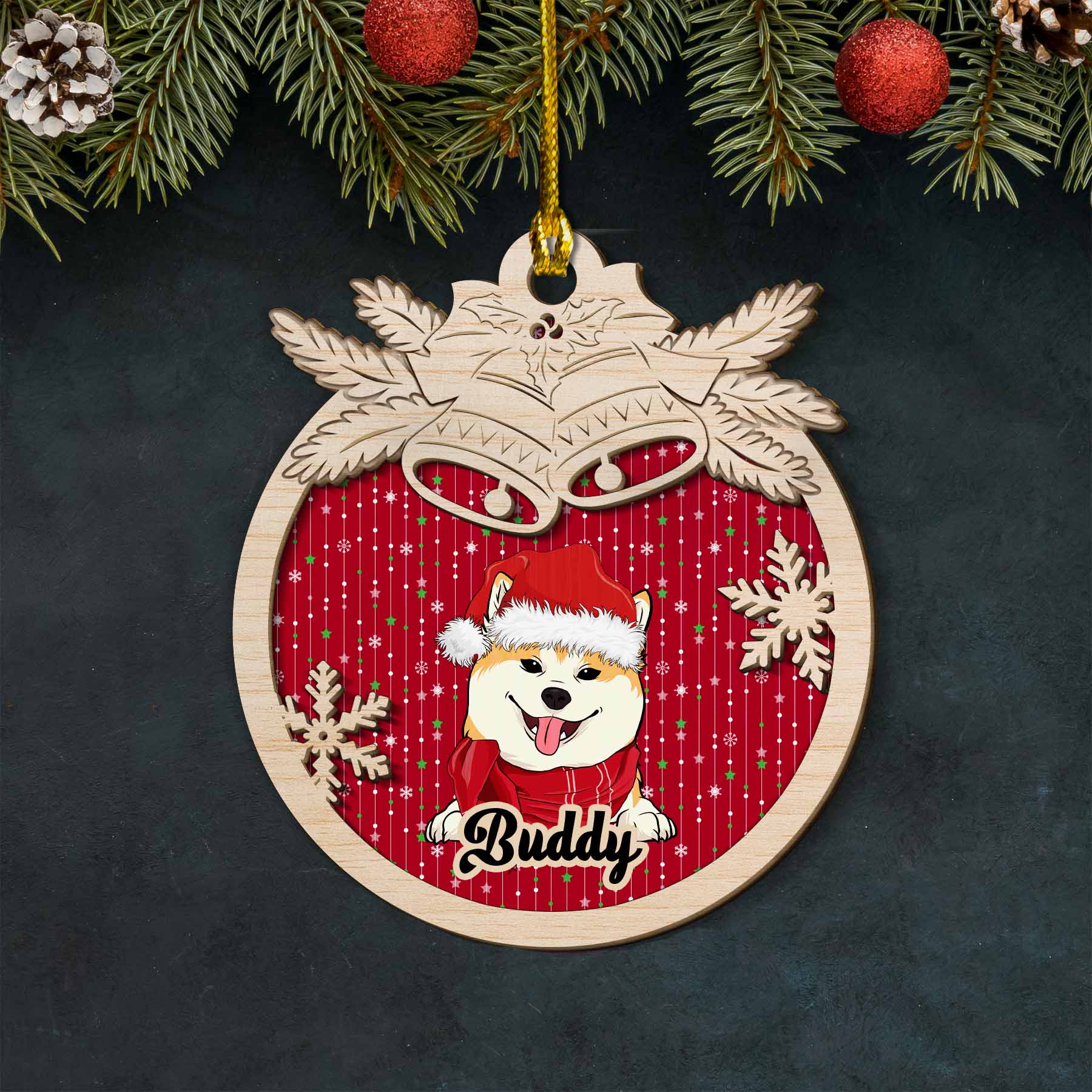 Jingle Bells Dog - Personalized Custom 2-layered Wood Ornament - Image 4