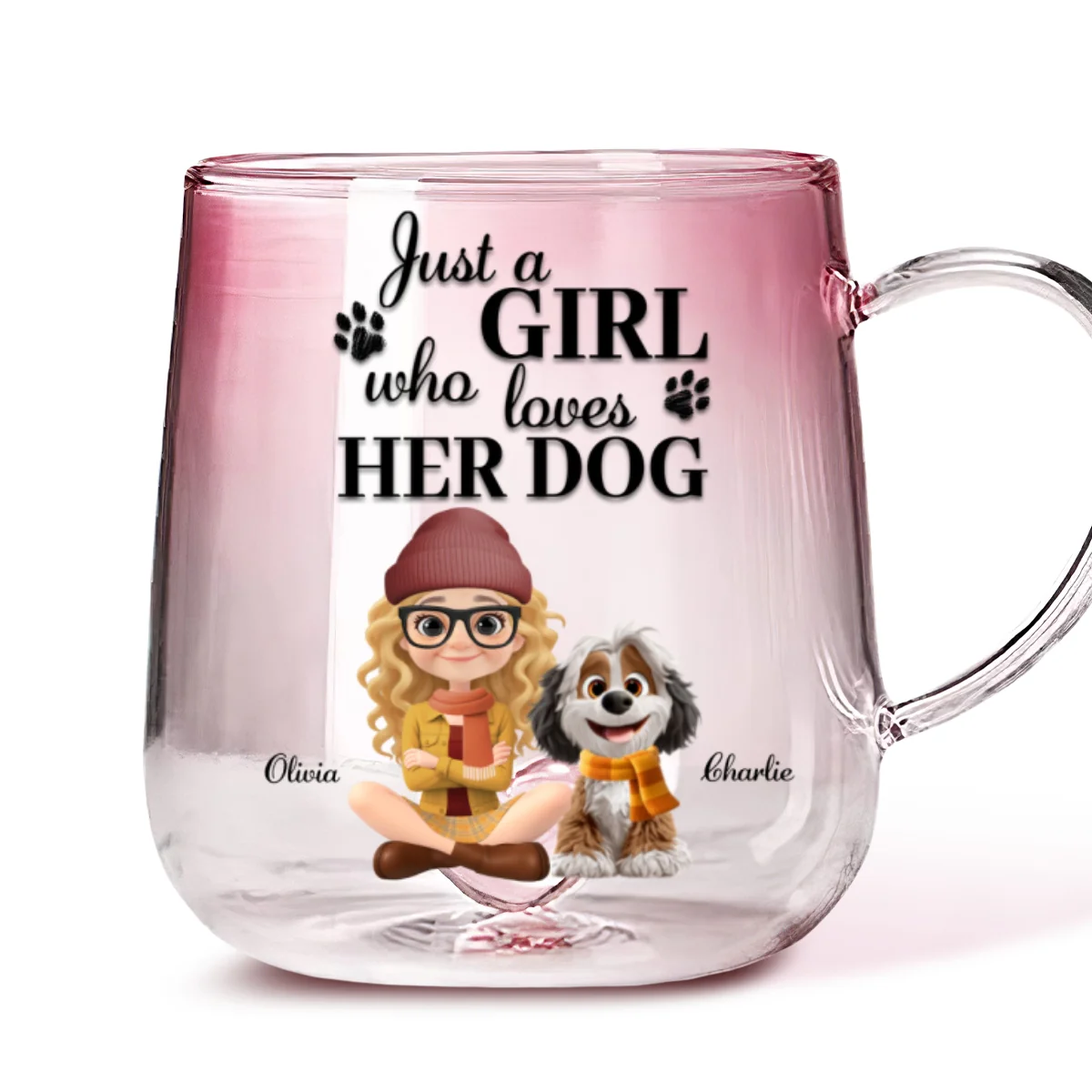Just A Girl And Her Cartoon Dog - Personalized Custom Pink Gradient Glass Mug - Image 6