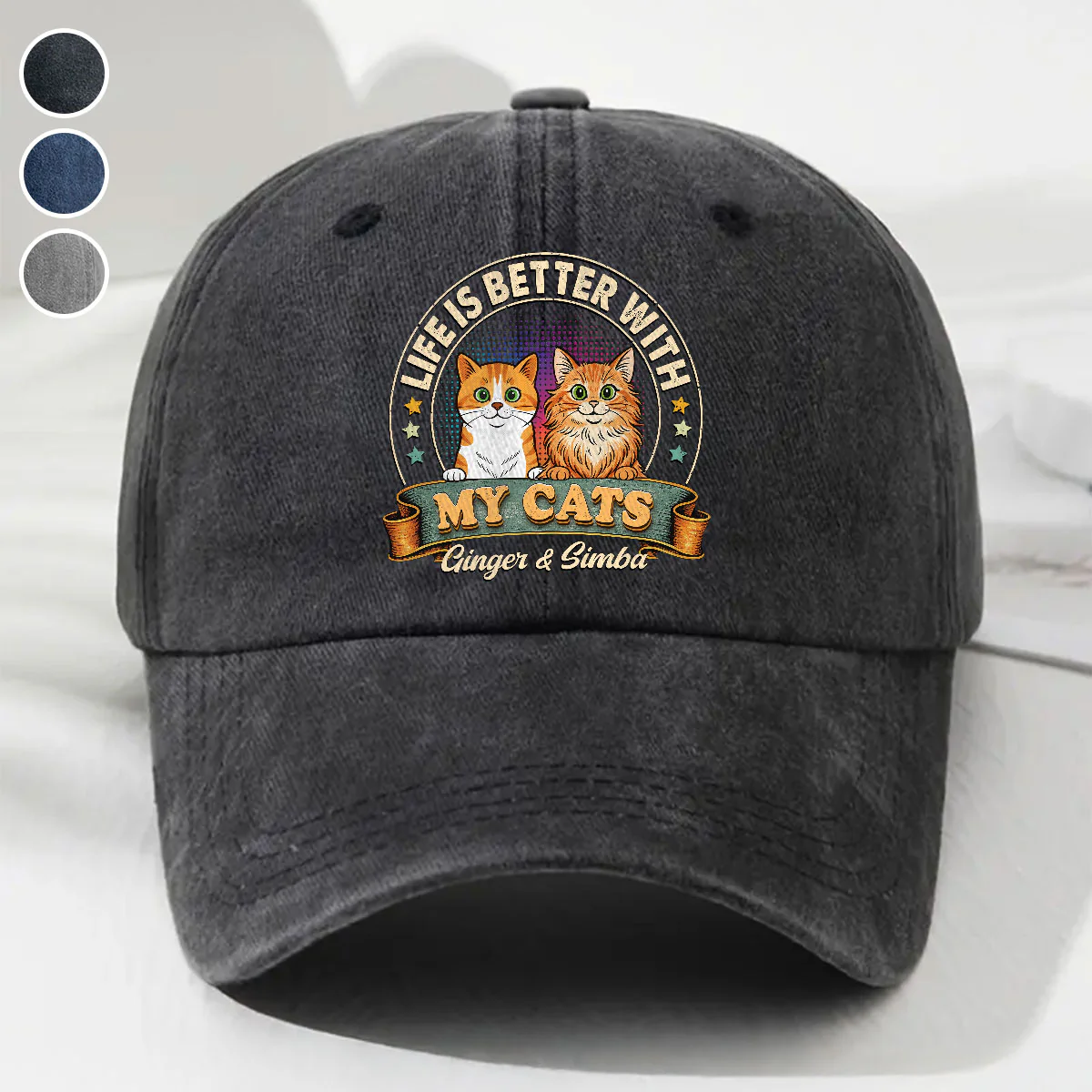 Life Is Better With My Cat - Personalized Custom Vintage Washed Denim Cap