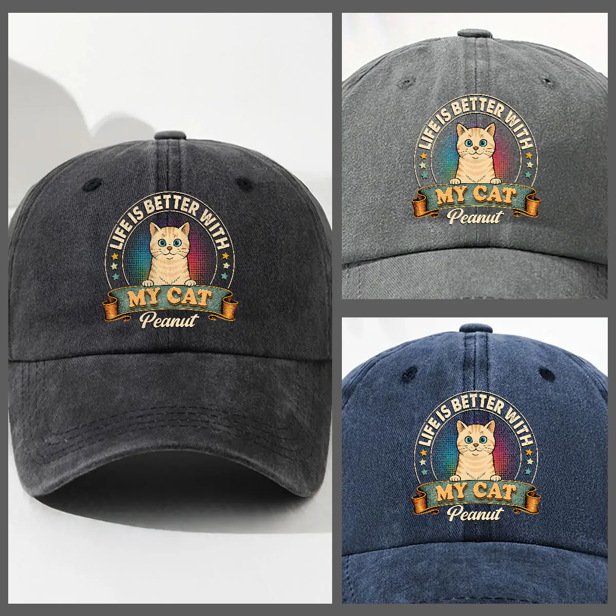 Life Is Better With My Cat - Personalized Custom Vintage Washed Denim Cap - Image 3