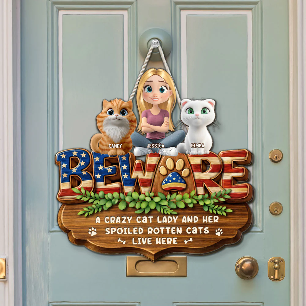 Live Here American Cat Version - Personalized Custom 3D Effect Wood Sign - Image 2