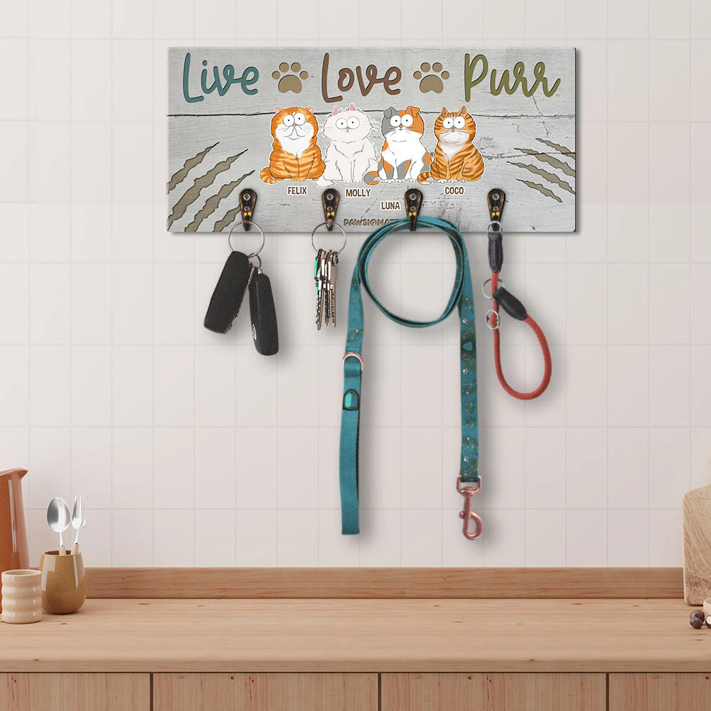 Live Love Purr Cat - Personalized Custom Wooden Key Holder - Image 5
