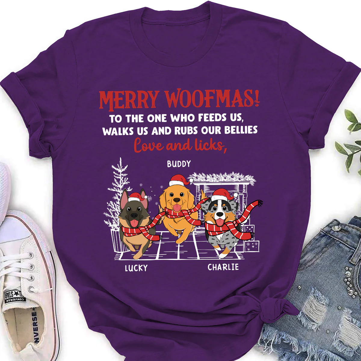 Love And Licks, Merry Woofmas - Personalized Custom Women's T-shirt - Image 4