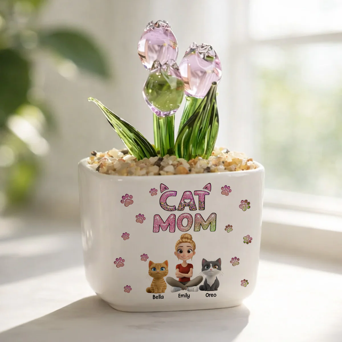 Lovely Cat Mom - Personalized Custom Glass Everlasting Tulips - Image 2