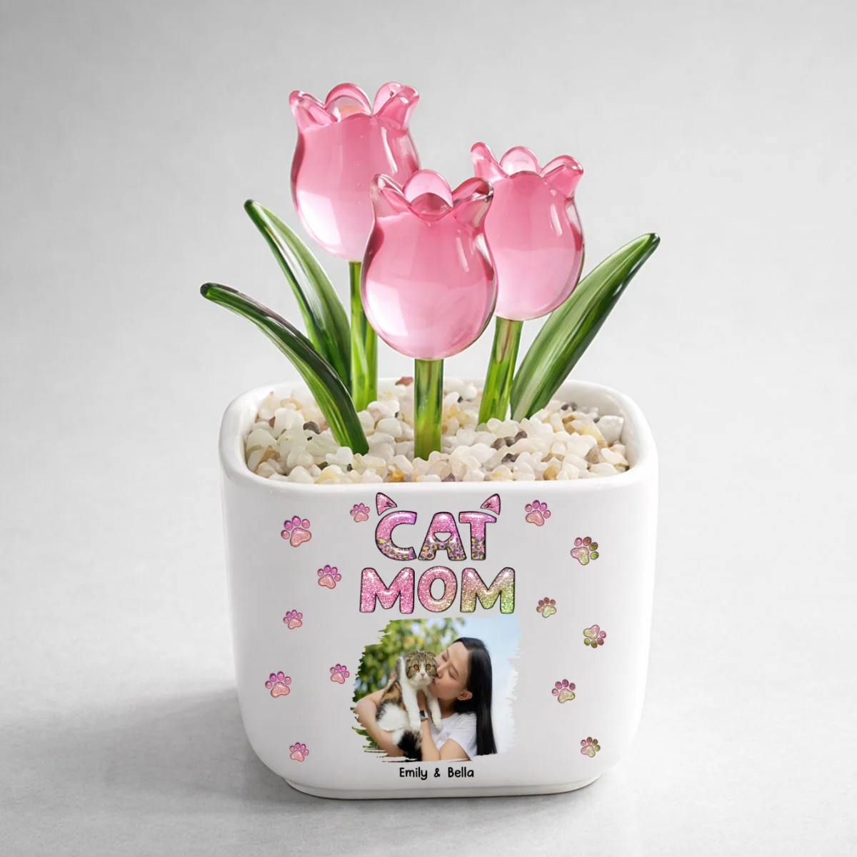 Lovely Cat Mom Photo - Personalized Custom Glass Everlasting Tulips - Image 6