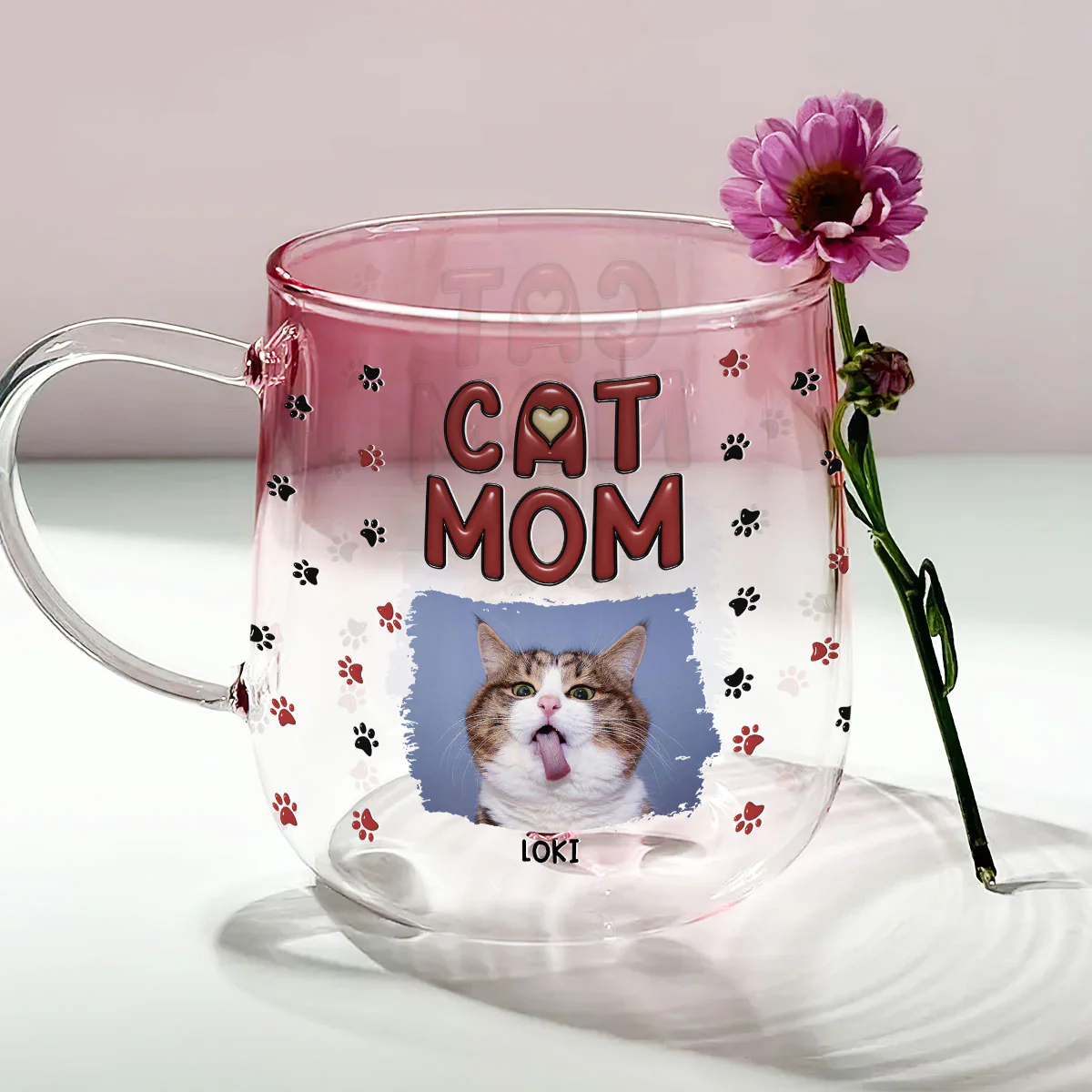 Lovely Cat Mom Photo- Personalized Custom Pink Gradient Glass Mug - Image 3
