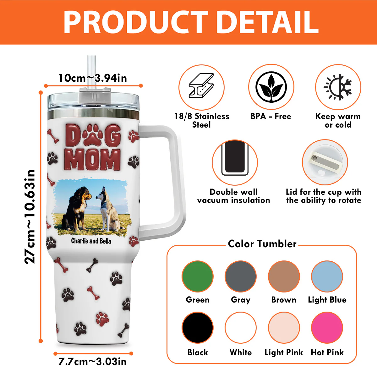 Lovely Dog Mama Photo - Personalized Custom 3D Inflated Effect Printed 40 Oz Tumbler - Image 3