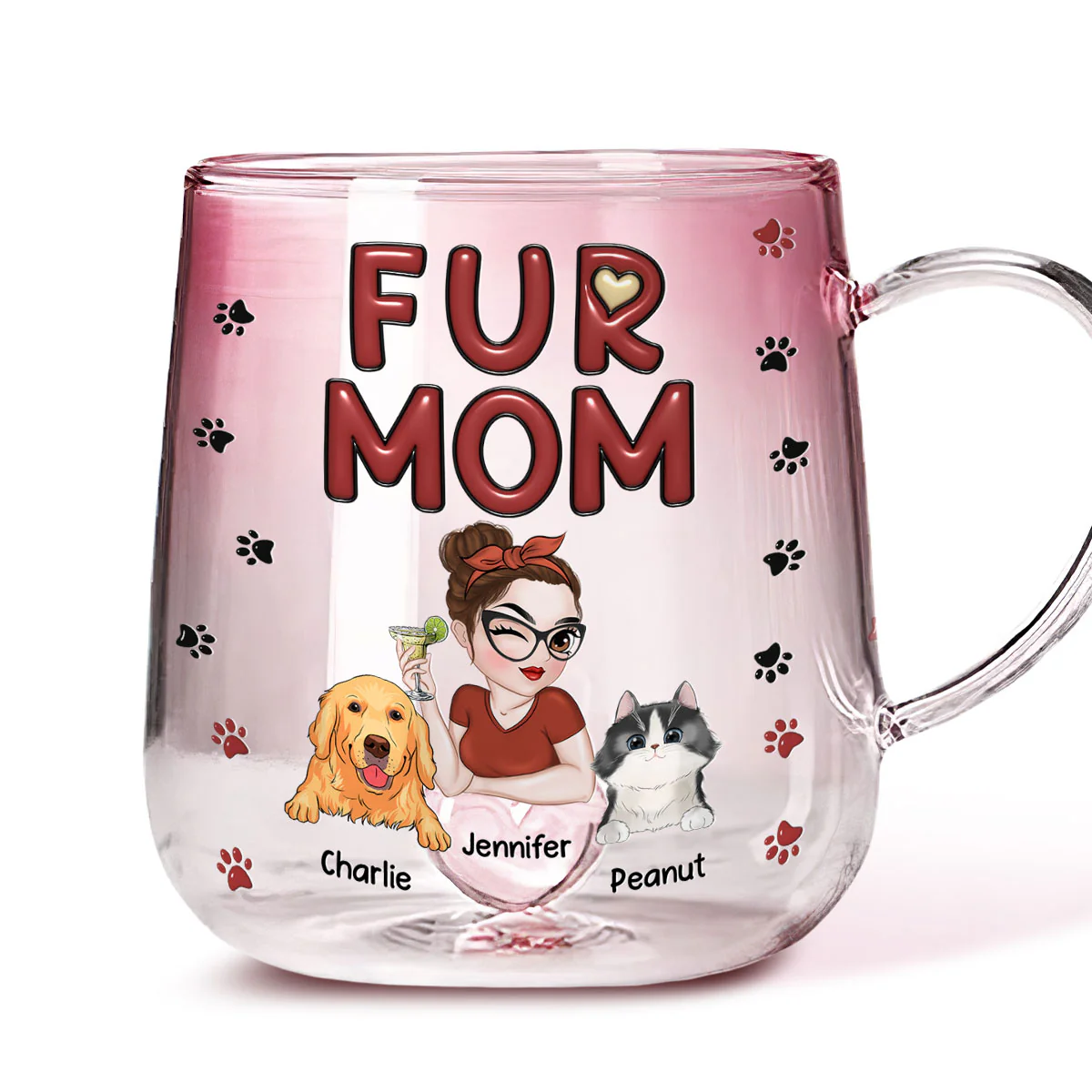 Lovely Fur Mom - Personalized Custom Pink Gradient Glass Mug - Image 4