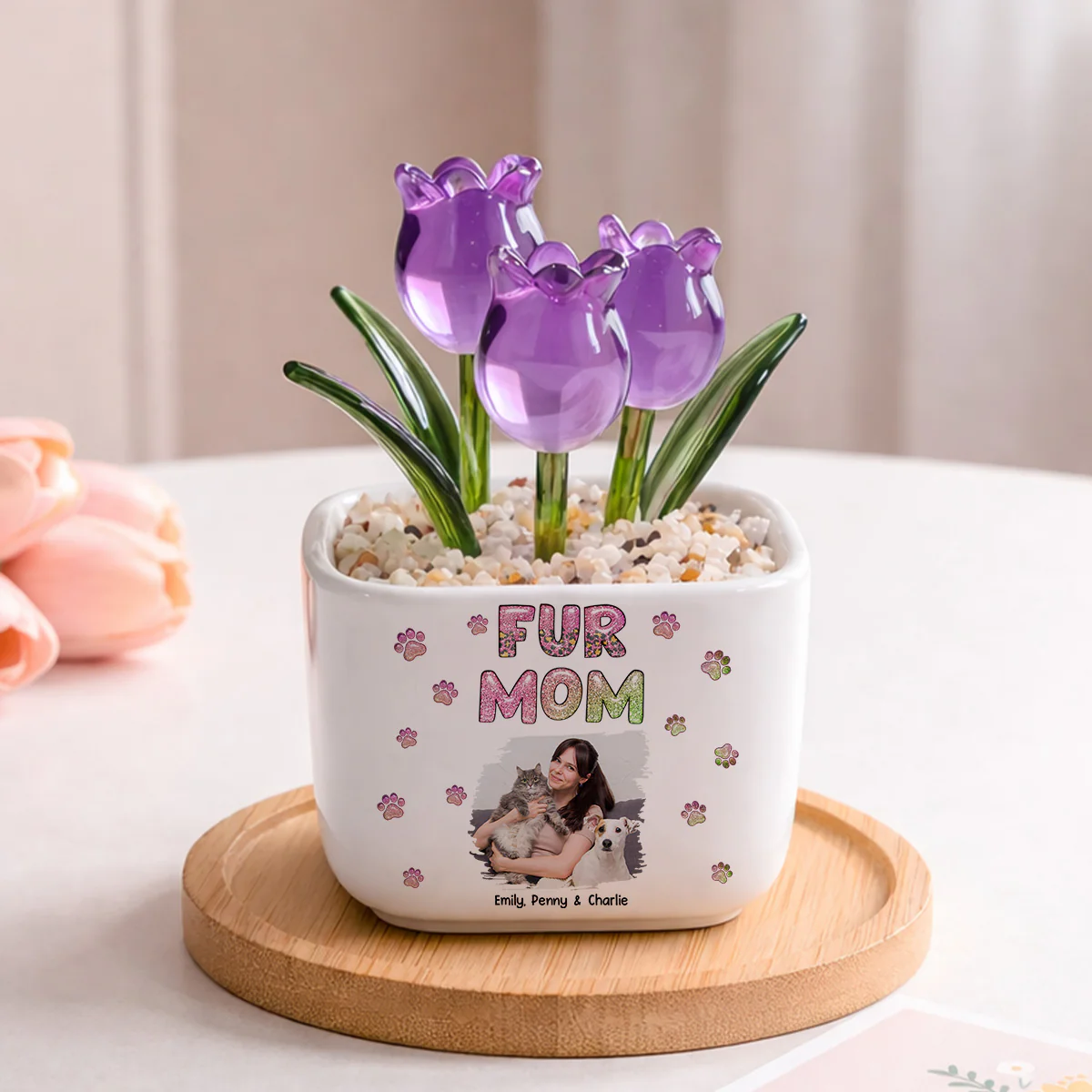 Lovely Fur Mom Photo - Personalized Custom Glass Everlasting Tulips