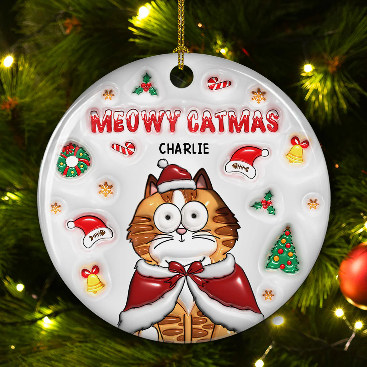 Meow Catmas - Personalized Custom 3D Inflated Effect Ceramic Ornament - Image 2