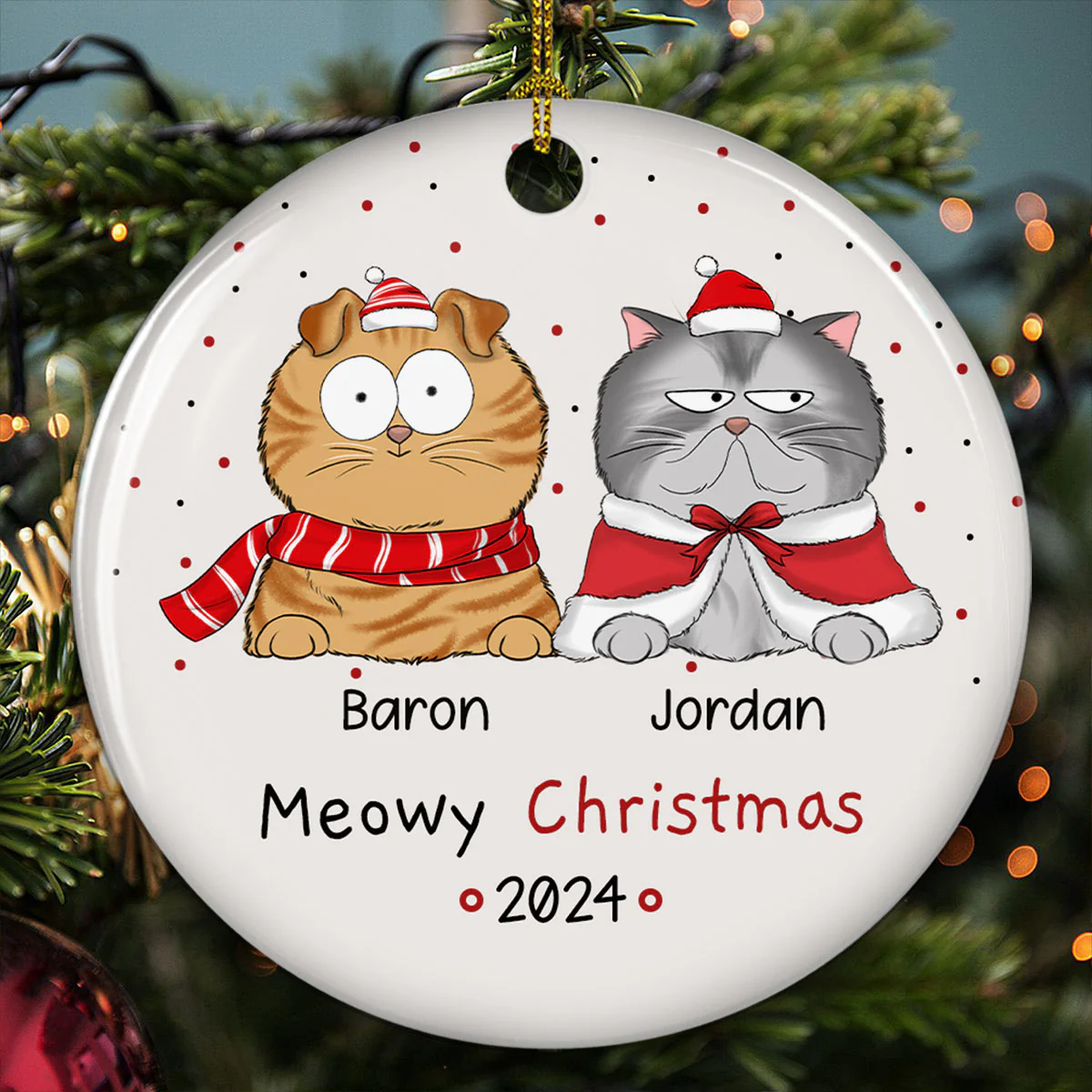 Meowy Christmas - Personalized Custom Circle Ceramic Ornament - Image 3