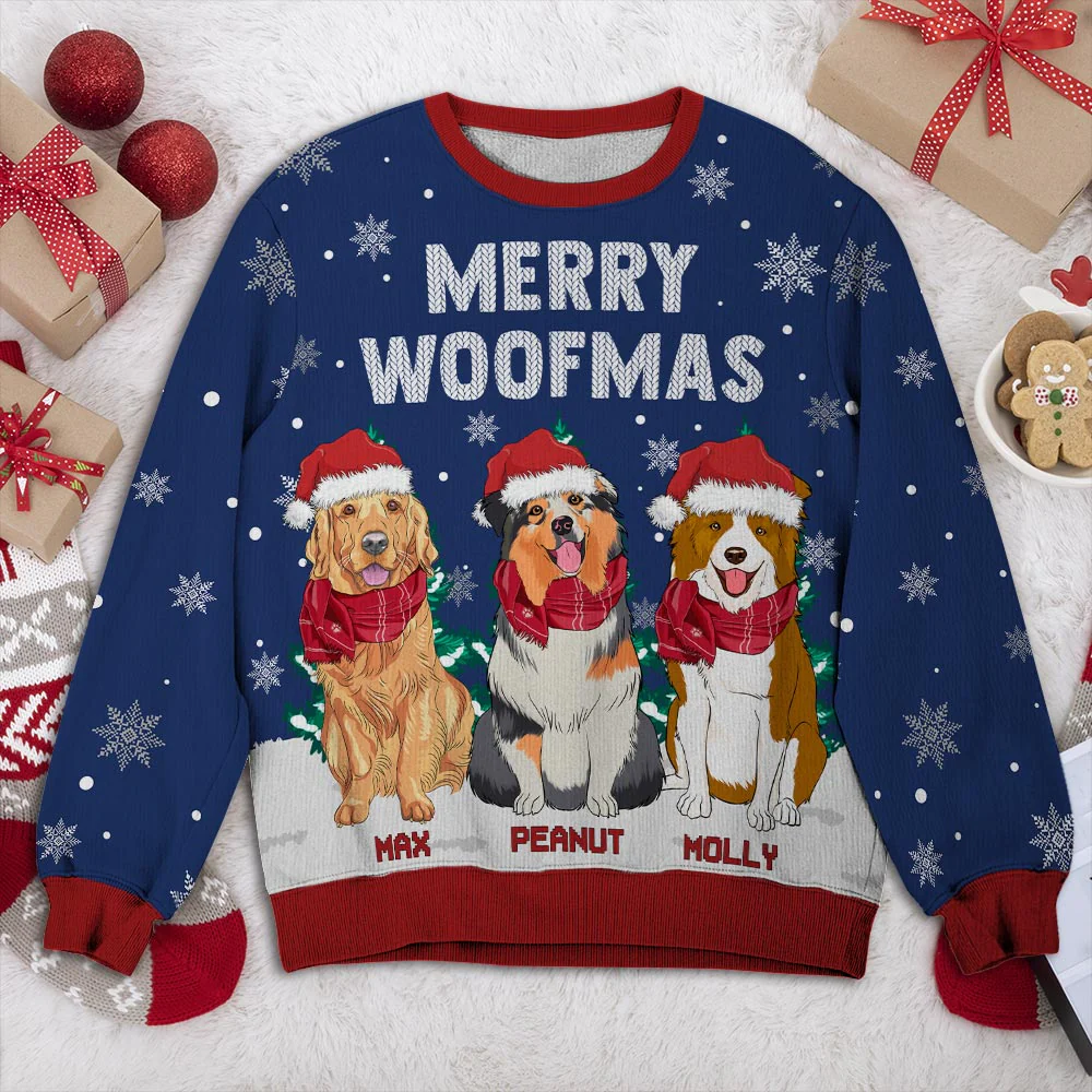 Merry Woofmas (Blue) - Personalized Custom All-Over-Print Sweatshirt - Image 2