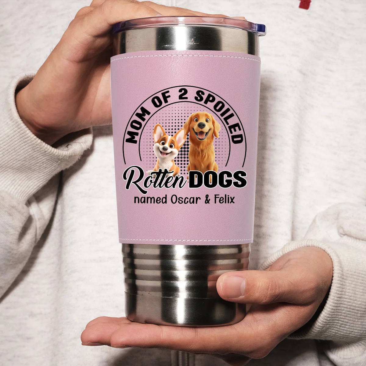 Mom Of A Spoiled Rotten Dog - Personalized Custom Pink Leather Tumbler - Image 4