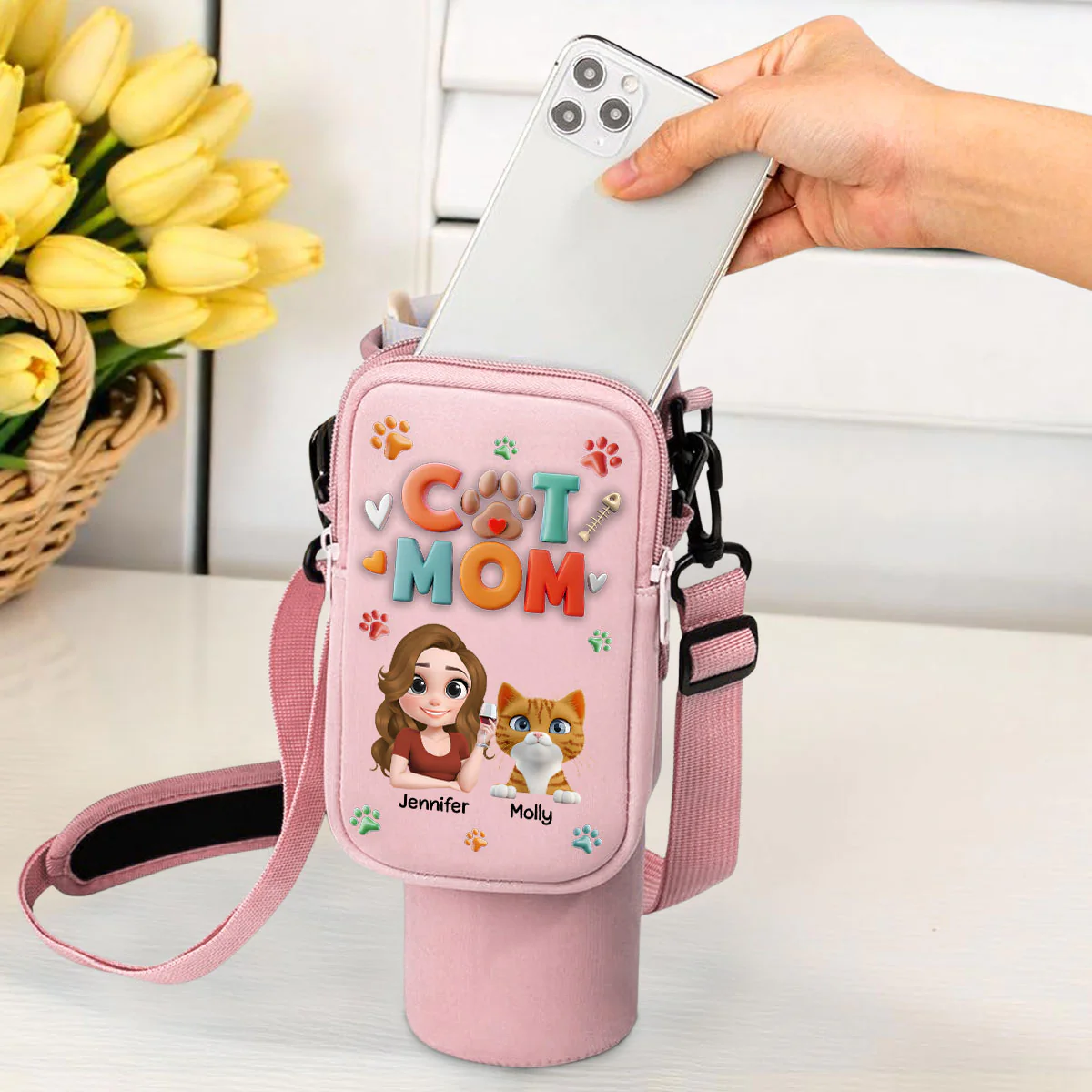Mom Of Cats - Personalized Custom 40oz Water Bottle Carrier Bag - Image 2