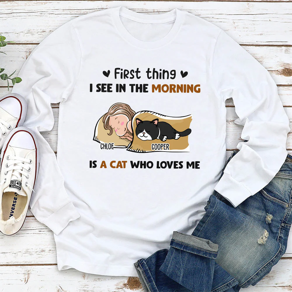 Morning First Thing Cat - Personalized Custom Long Sleeve T-shirt - Image 2