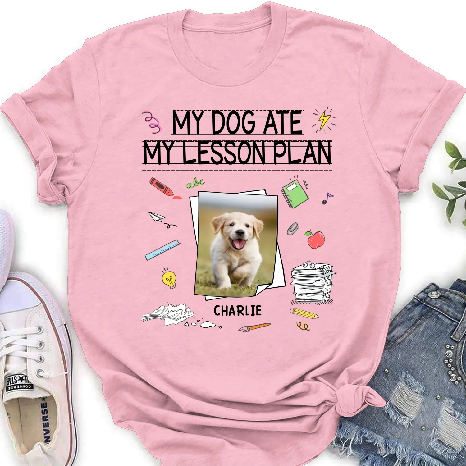 My Dog Eat My Lesson Plan Photo - Personalized Custom Women's T-Shirt - Image 6
