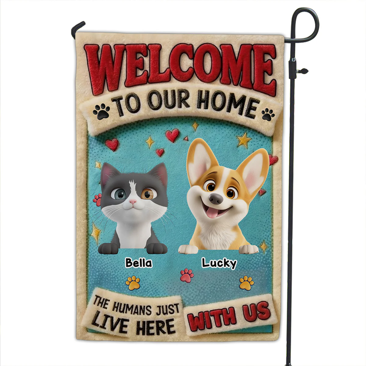 My Human Just Lives Here With Pets - Personalized Custom Flag