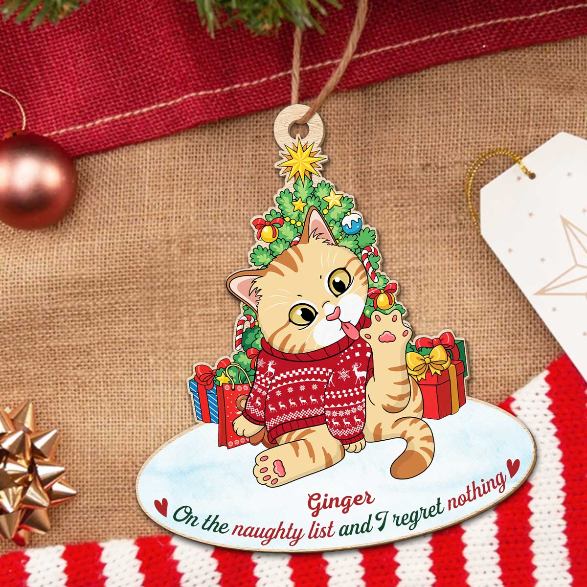 Naughty Cat Licking - Personalized Custom 1-layered Wood Ornament - Image 2